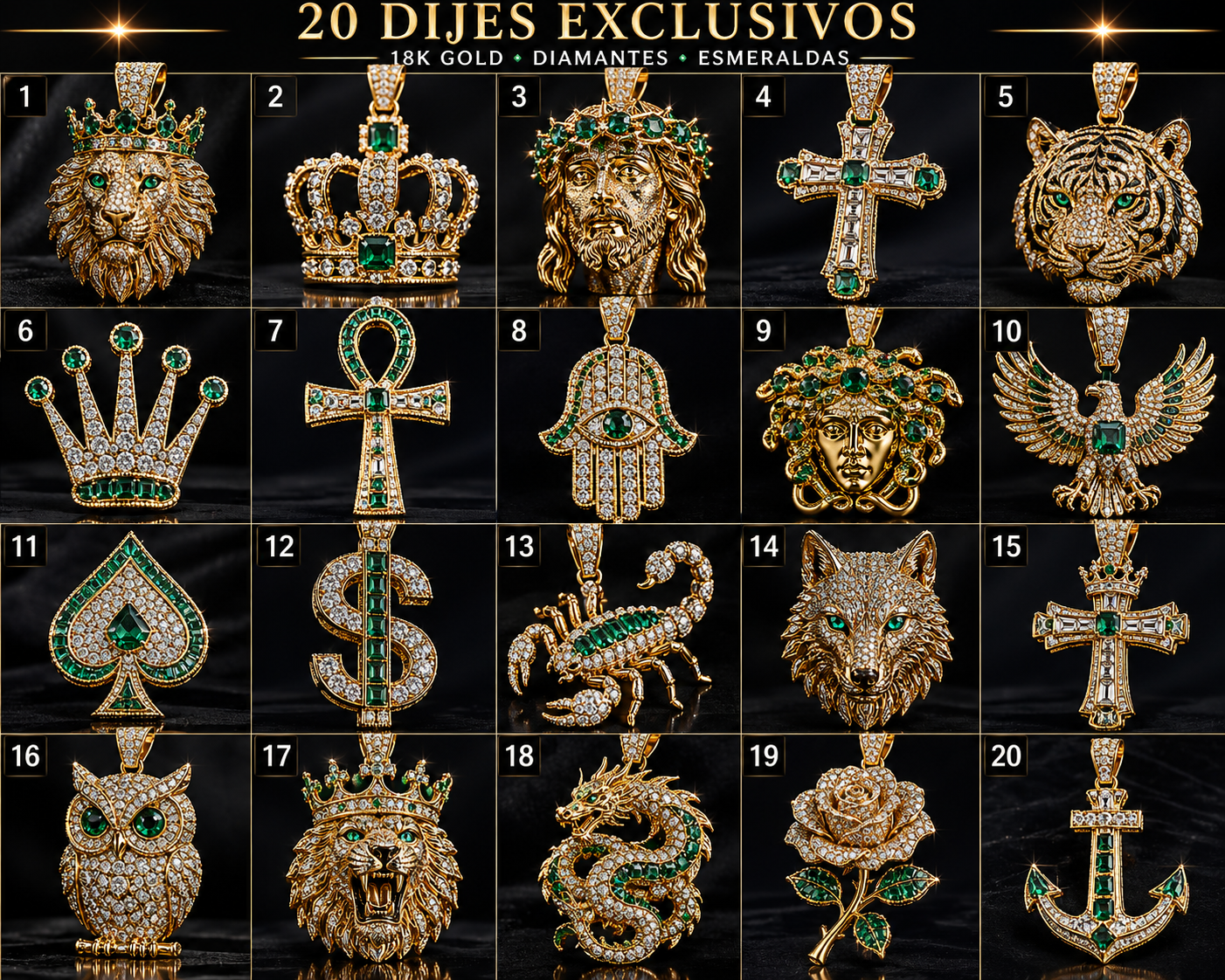 Catálogo 20 Dijes Exclusivos 18K León Crown Medusa Cruz Ángel Serpiente Premium